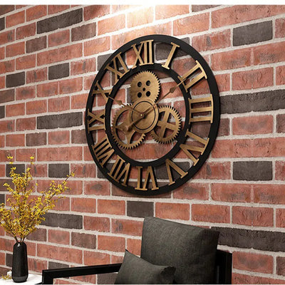 Horloge murale en bois rétro 3D style industriel vue de face