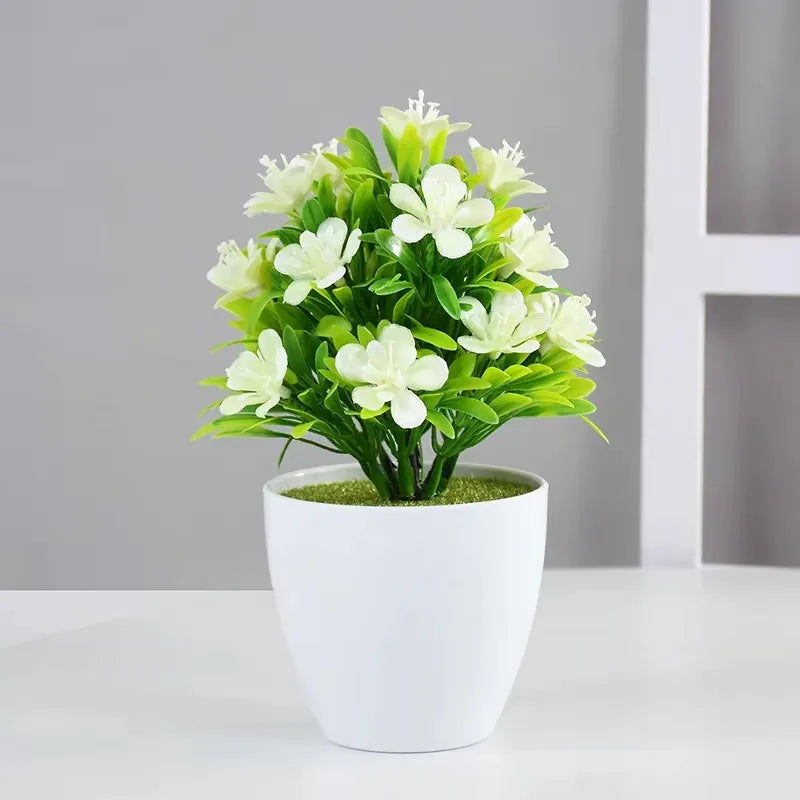plantes artificielles bonsaï violettes rouges jaunes blanches pot blanc mousse verte décoration moderne extérieur