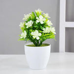 plantes artificielles bonsaï violettes rouges jaunes blanches pot blanc mousse verte décoration moderne extérieur