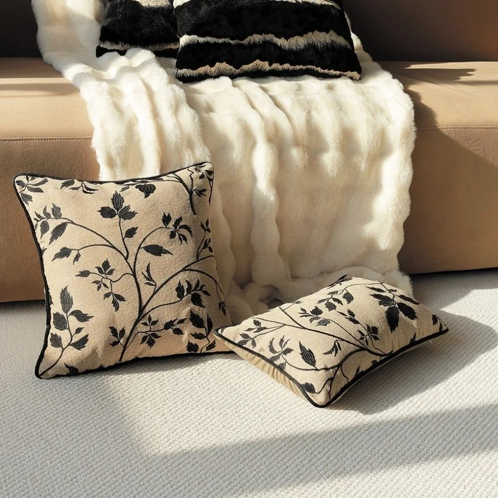 coussin moderne floral rayures beige noir blanc résistant polyester coton
