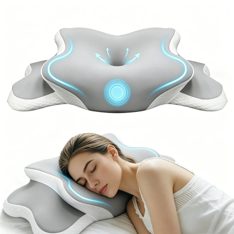 coussin sommeil gris foncé texture douce contour ergonomique support cervical nuit relaxation confortable