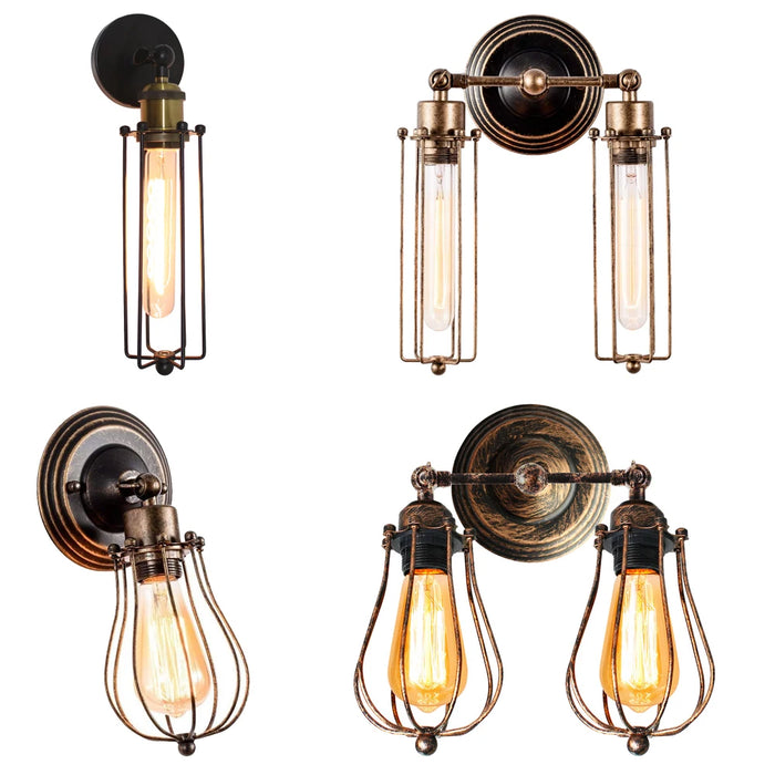 Applique murale LED industrielle vintage avec cage métallique en fer