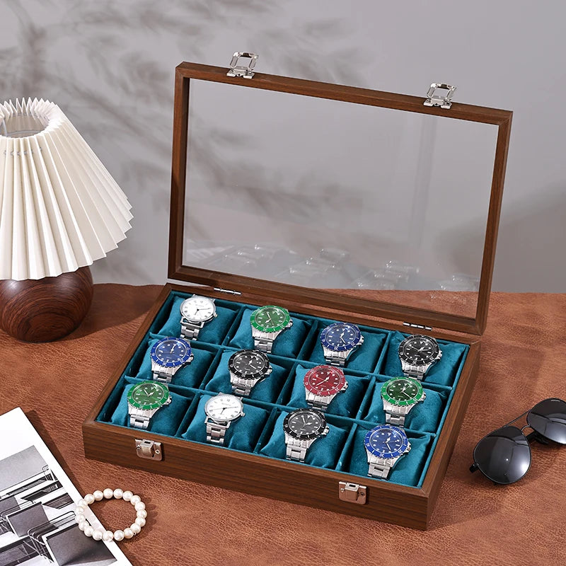 boîte montres boites 12 emplacements verre transparent moderne poignées métalliques coussinets doux rangement sécurité