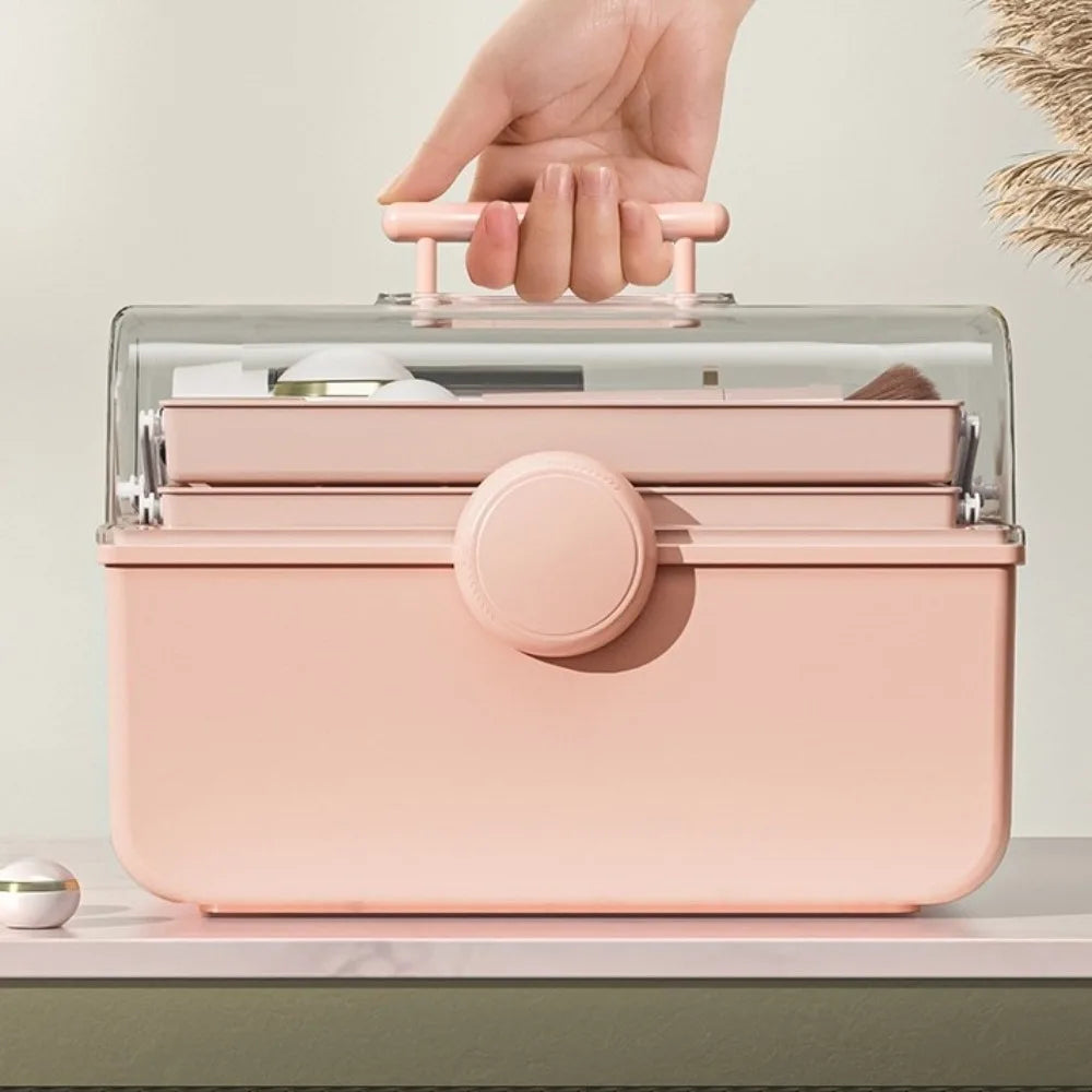 organisateur maquillage boîte rose pâle moderne réutilisable transparent poignée brosses pots