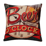 housse coussin vintage bière vin motifs rétro multicolores coton lin décoration canapé chaise 45x45cm