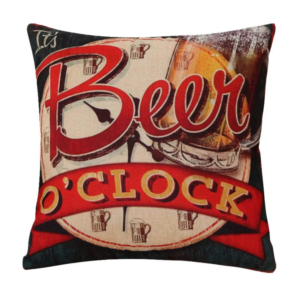 housse coussin vintage bière vin motifs rétro multicolores coton lin décoration canapé chaise 45x45cm