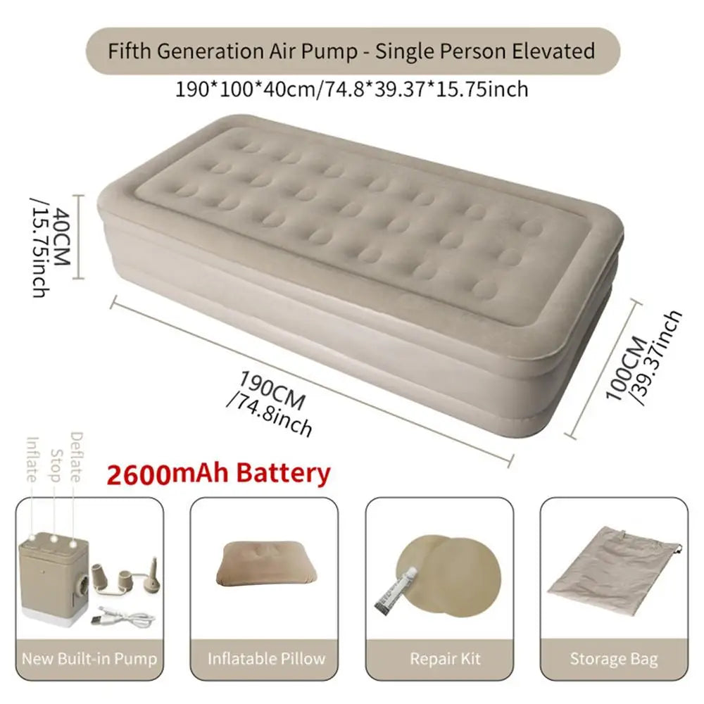 matelas gonflable beige texture mousse moderne pompe intégrée double taille grande capacité camping voyage