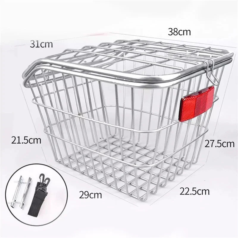 panier vélo arrière acier noir argenté treillis couvercle classique utilitaire fixations clips réflecteur rouge