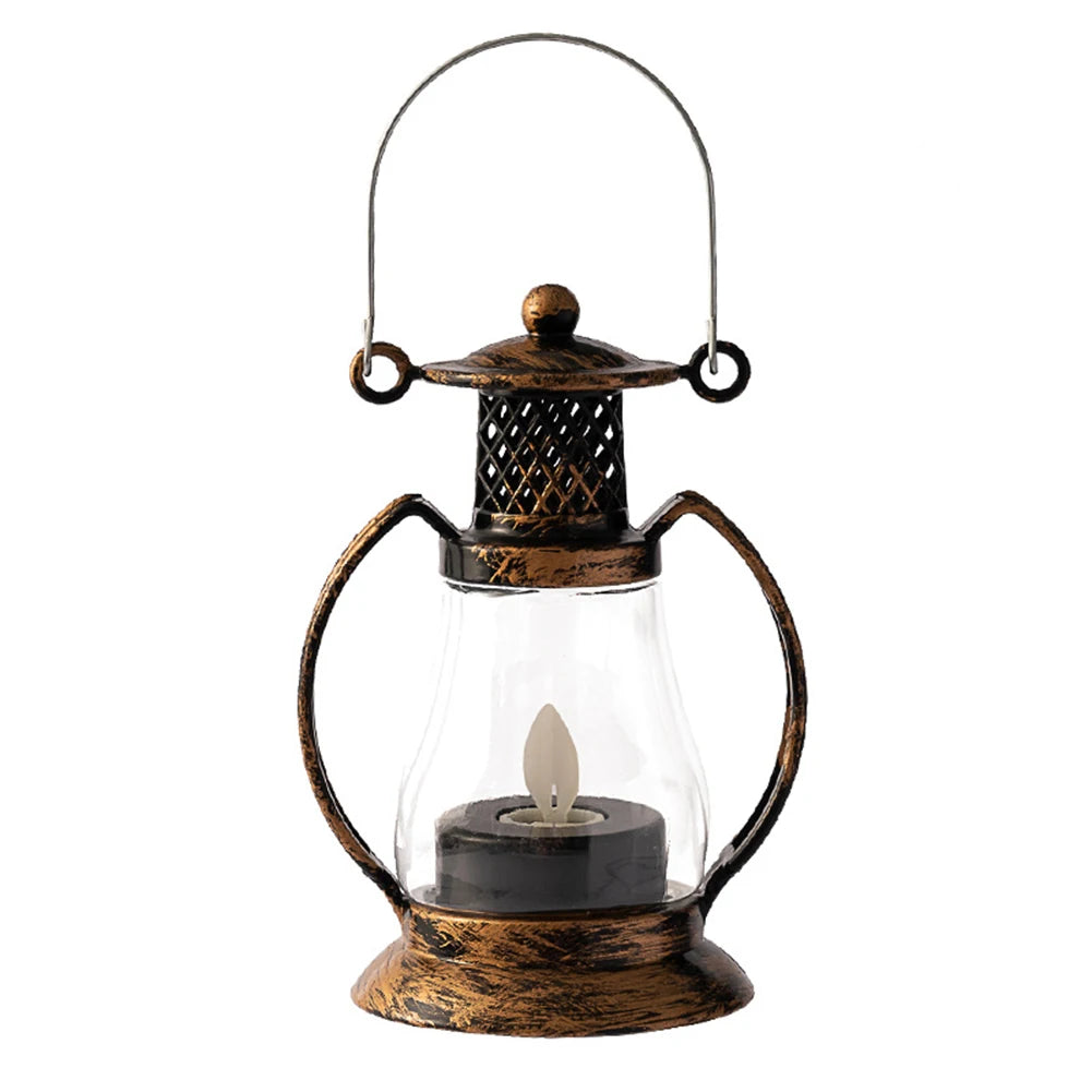 lanterne portable vintage noir doré bougie led verre transparent anneaux métalliques intérieur jardin nocturne