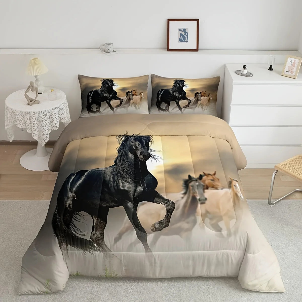 ensemble literie impression 3d chevaux moderne noir beige gris literie double queen king