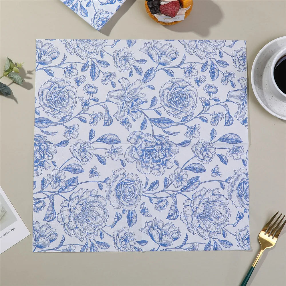 serviettes papier fleur oiseau géométrique bleu blanc classique vintage decoration fetes
