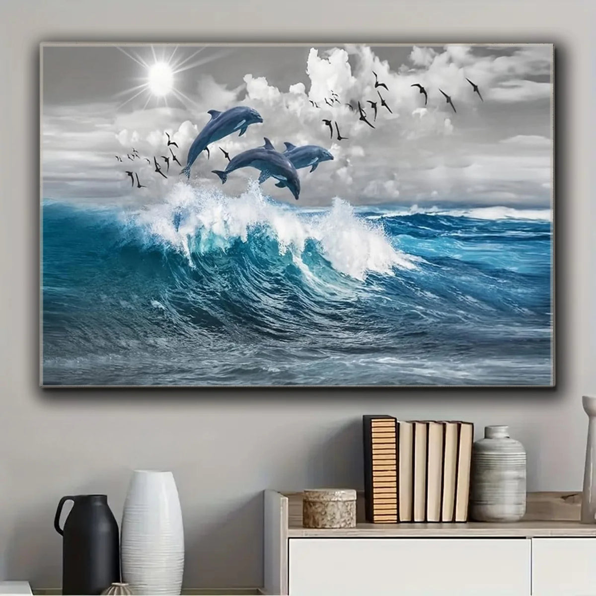 tableau impression dauphins sautant vagues océan moderne toile paysage vertical maison décoration art mural
