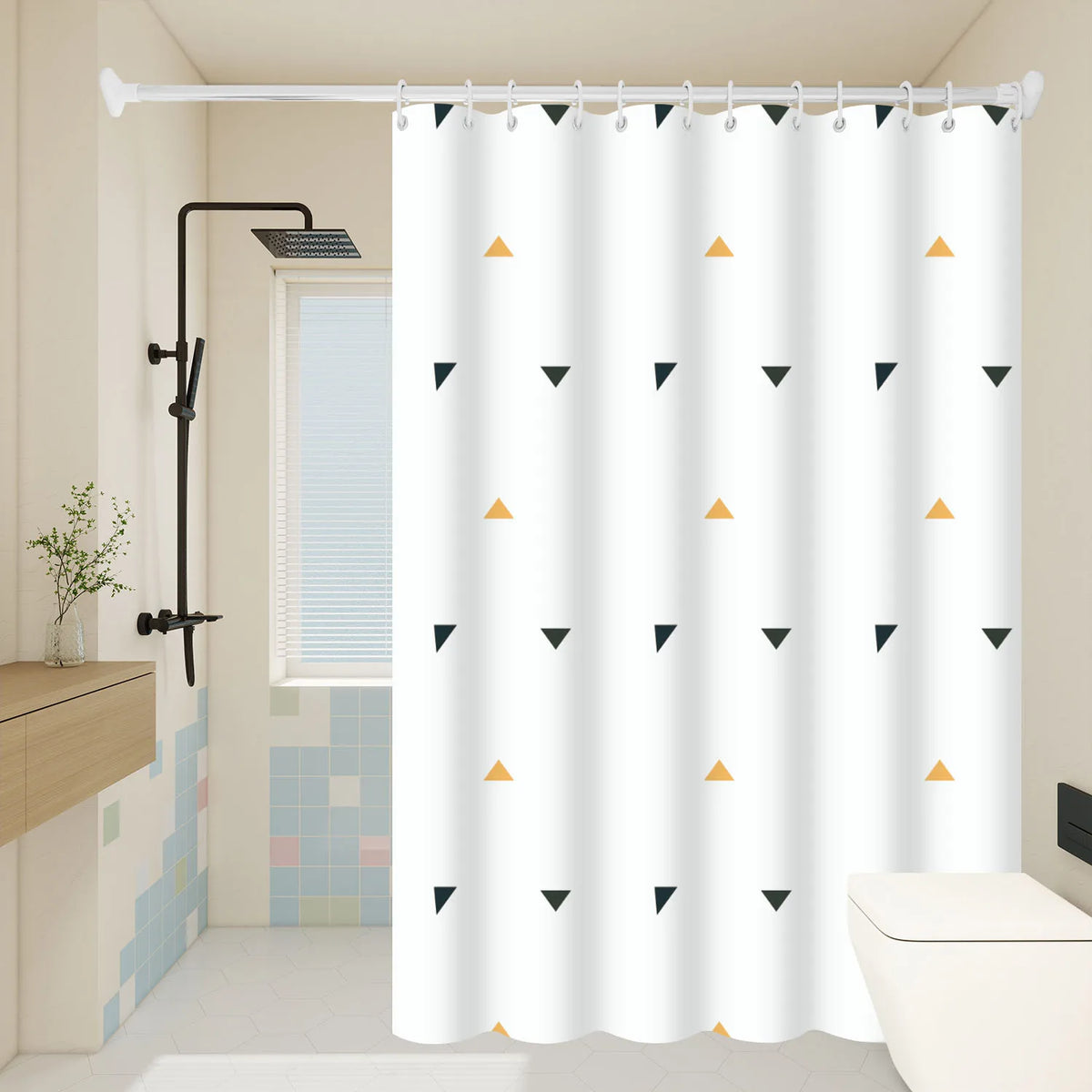 rideau douche moderne motif géométrique triangles blanc noir orange opaquet relief respectueux environnement
