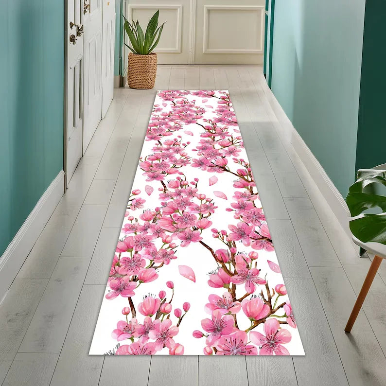 tapis long fleurs cerisier rose noir blanc salon chambre antibactérien absorbant