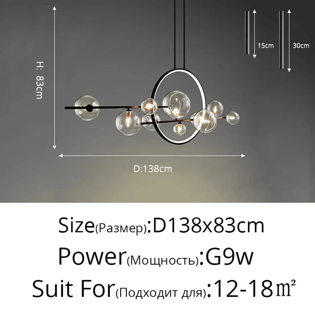 suspension lumineuse moderne noir boules transparentes scandinave chaînes suspendues interrupteur poussoir lumière salon cuisine