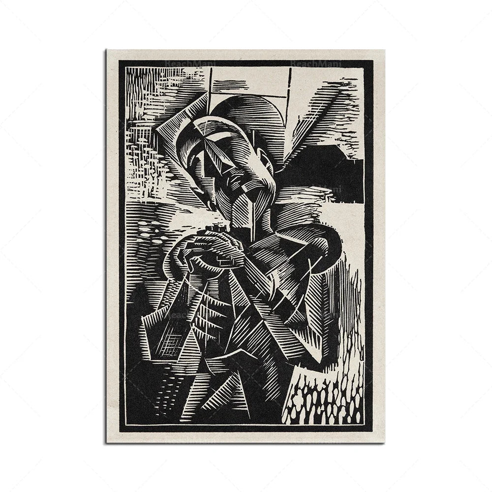 L'image présente une œuvre d'art en noir et blanc composée de formes et de lignes abstraites, créant une composition dynamique et complexe.