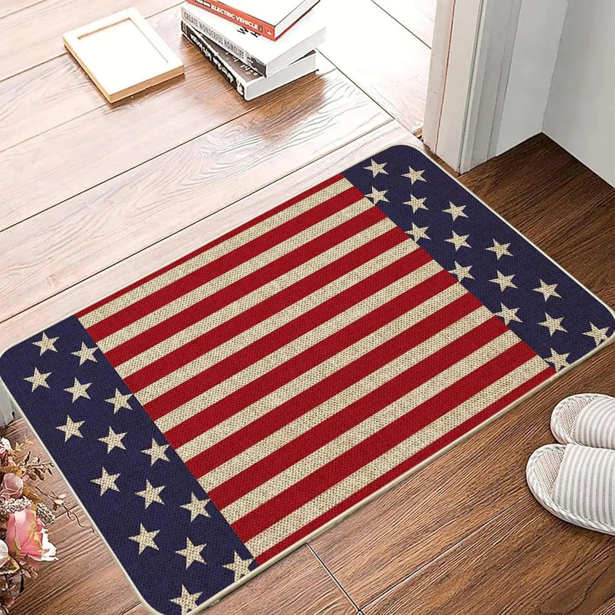 tapis sol antidérapant drapeau américain rayures bois étoiles dorées bleu marine rouge vintage