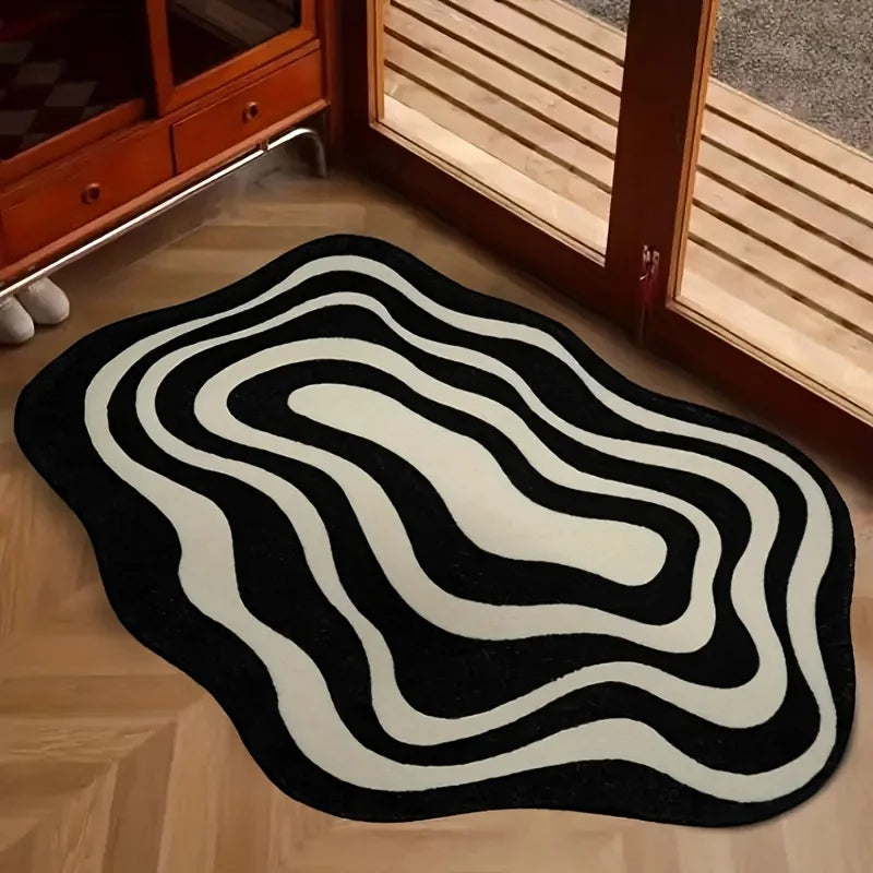 tapis noir blanc moderne rayures ondulées polyester imperméable antidérapant usage multiple intérieur extérieur