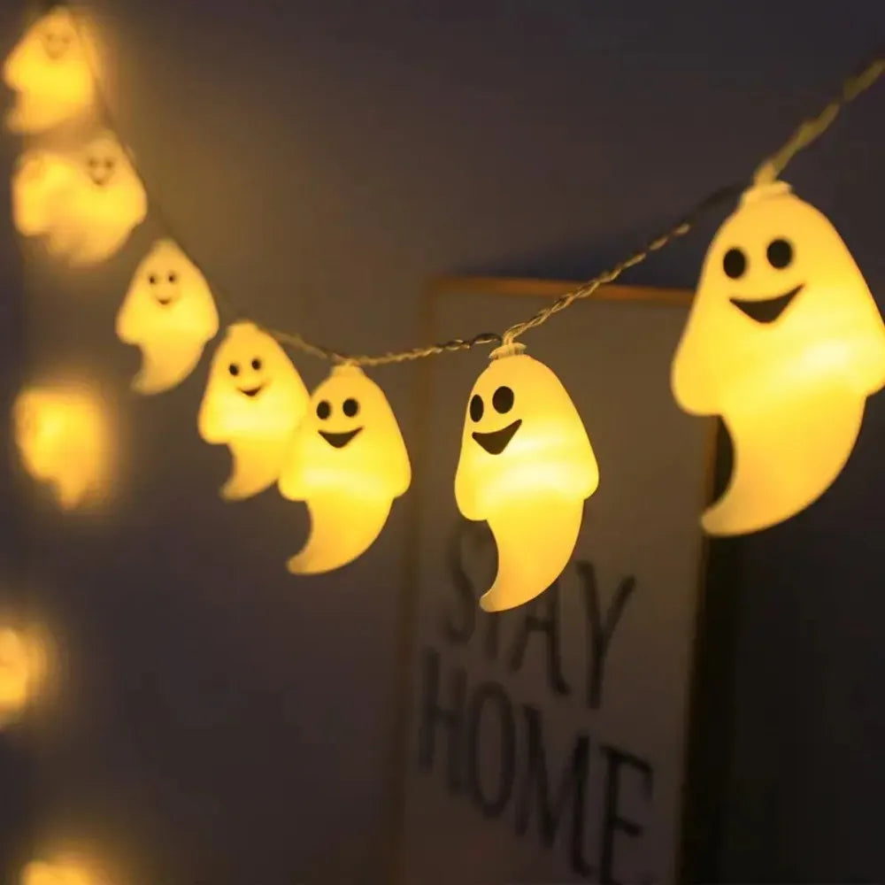 guirlande lumineuse fantômes souriants halloween blanc jaune 10 led 3m decoration chambre maison jardin