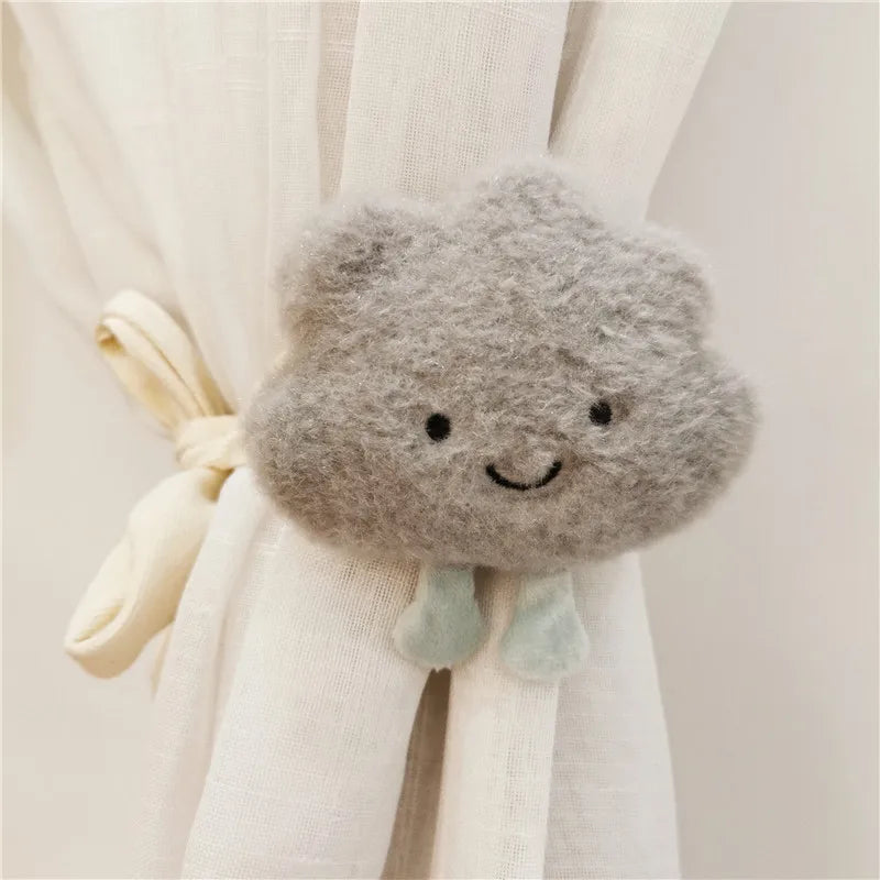 rideaux enfant dessin animé brodé visage souriant opacité peluche mignon agrafe ruban beige salopes