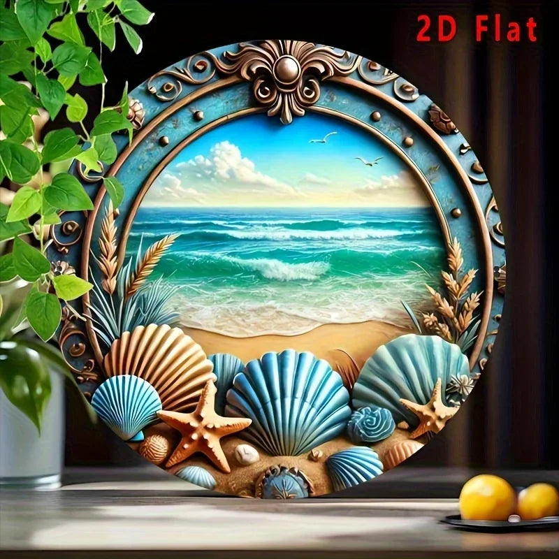 cadre mural vintage océan coucher soleil bleu gris marron bordure métallique vieillie 20x20cm