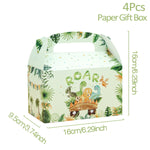 supports cupcakes dinosaures palmiers happy birthday assiettes gobelets sacs cadeaux vert orange blanc enfants