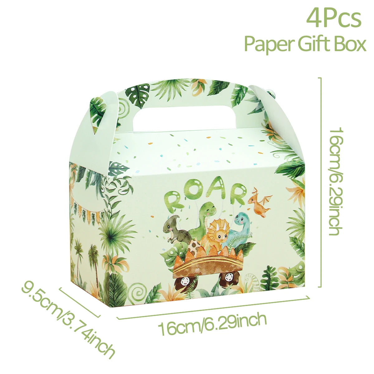 supports cupcakes dinosaures palmiers happy birthday assiettes gobelets sacs cadeaux vert orange blanc enfants