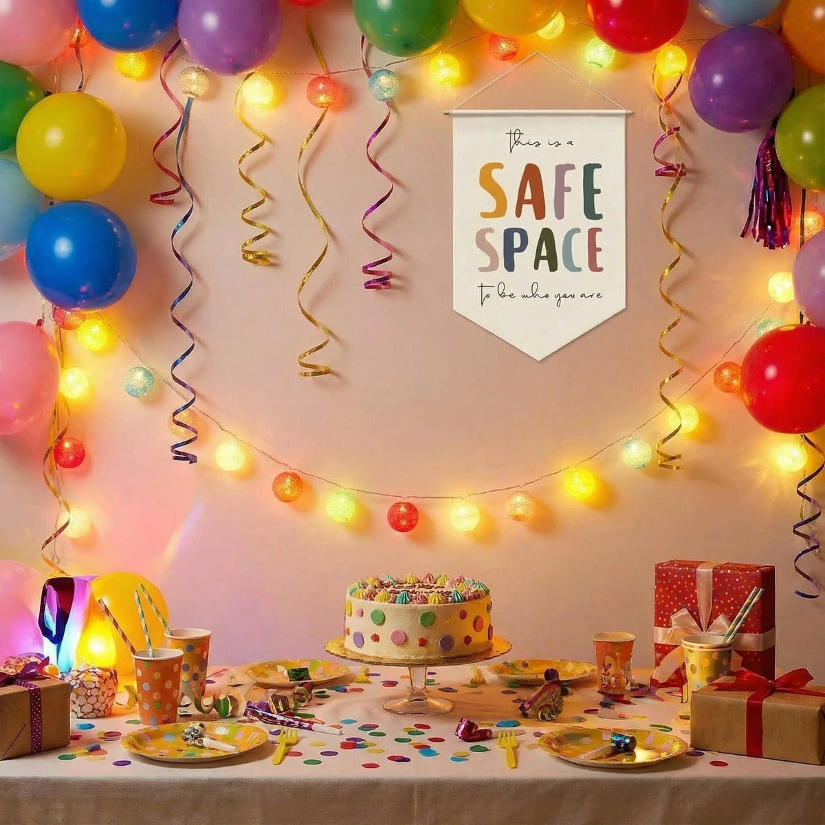 bannière murale moderne inspiration safe space imprimé multicolore lettres éducateur