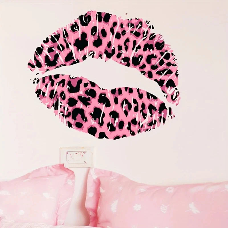 autocollants muraux lèvres rouges sexy décoration moderne imprimé léopard rouge noir blanc rose