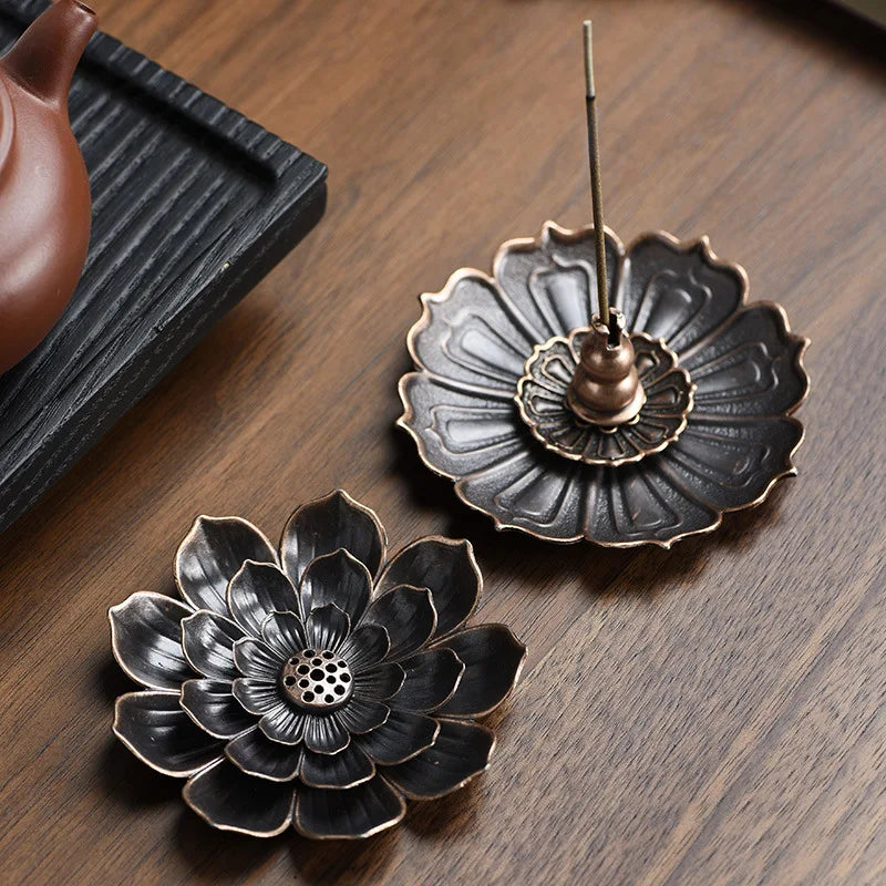 support encens fleur lotus métal noir doré artisanal traditionnel sans fixation brûleur encens salon