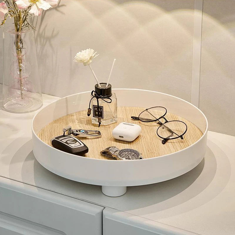 plateau rotatif bord blanc imitation bois parfum huiles essentielles bougie fleurs vase transparent lampe