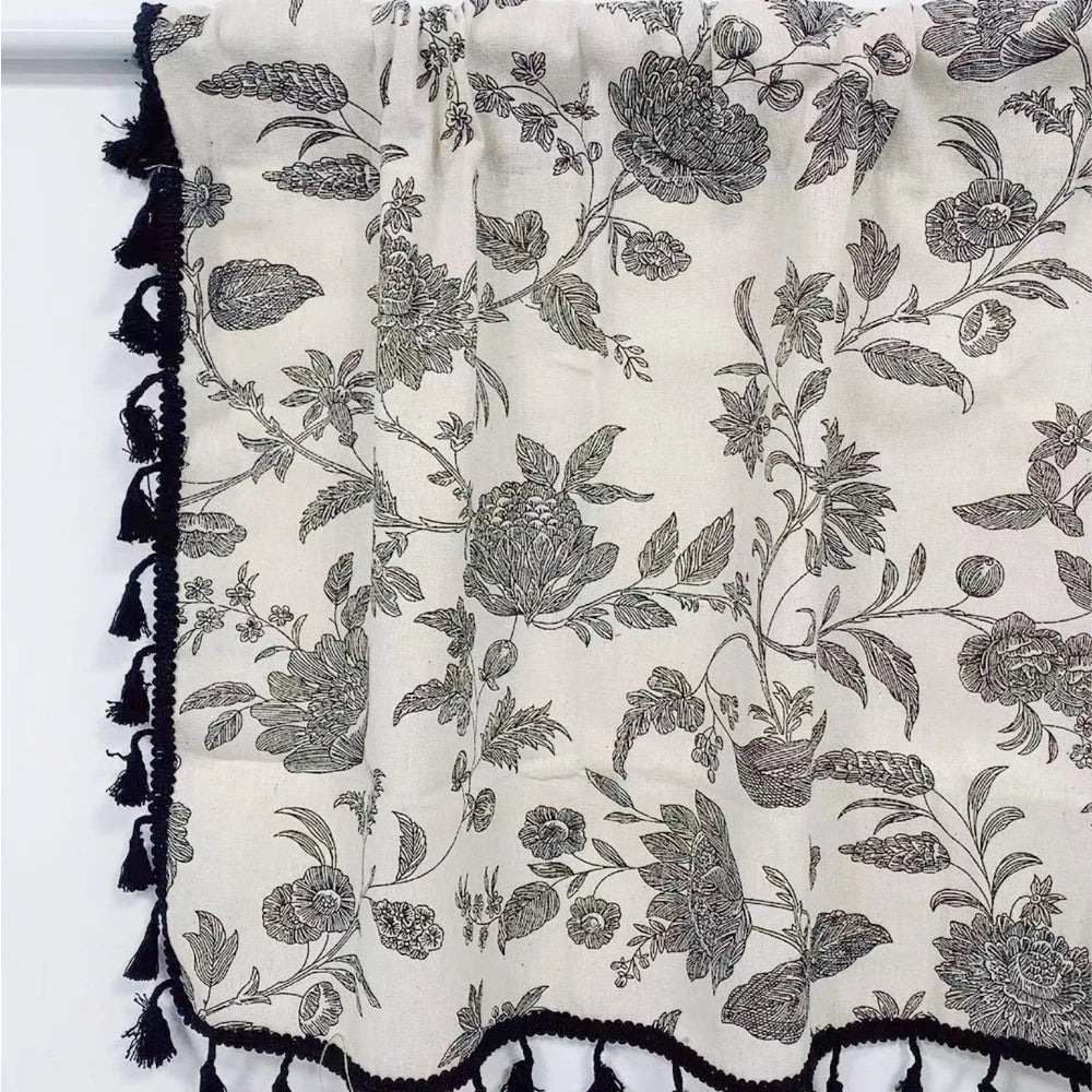 rideau cuisine fleurs pompons noir imprimé polyester classique opacité
