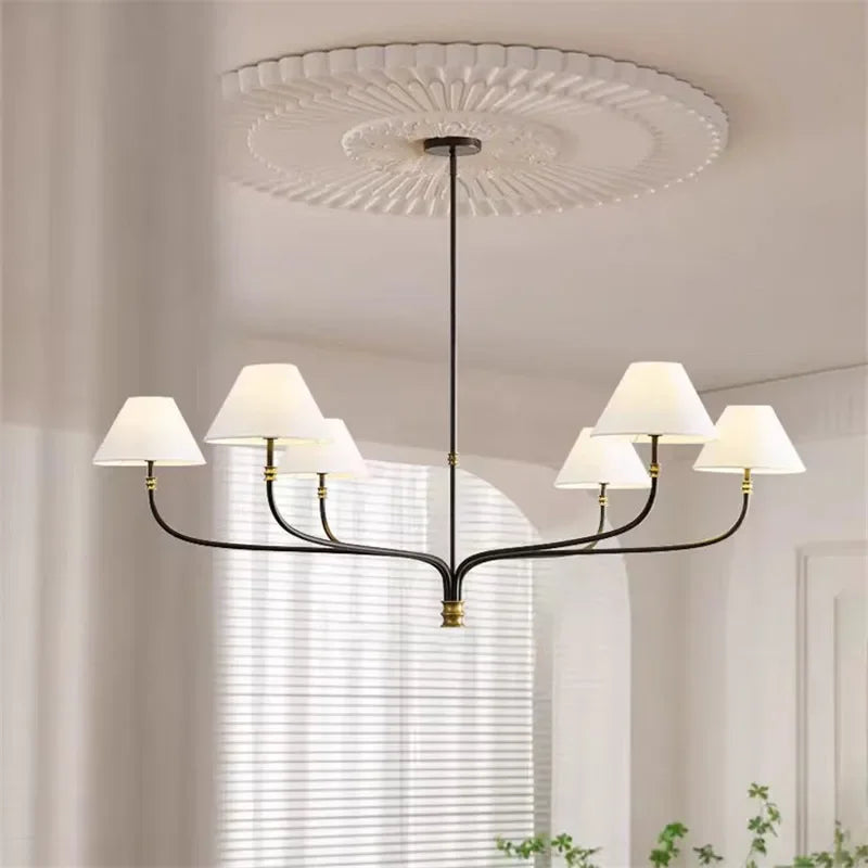 chandelier suspension lumineuse noir doré abat jours tissu mat classique moderne fixé abat jours