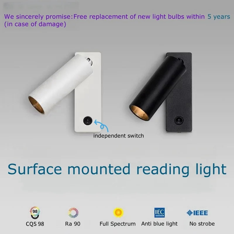 lampe lecture murale moderne 3W 5W blanc noir lisse éblouissement interrupteur indépendant fixé chambre