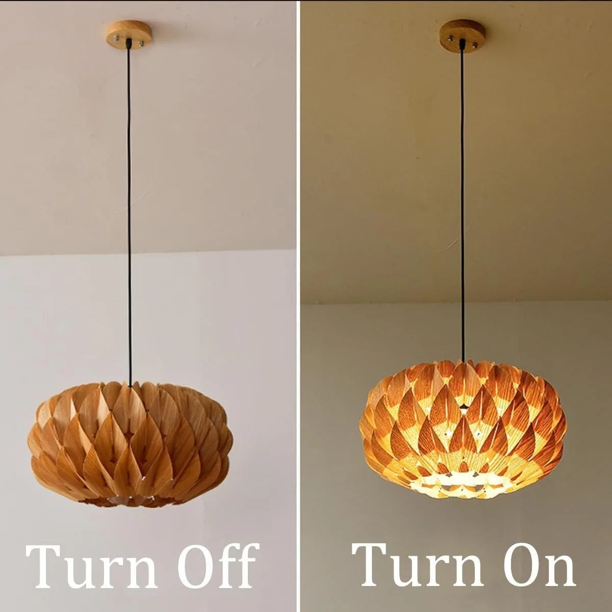 lampe suspendue moderne bois feuilles ouvertes organique câble noir interrupteur