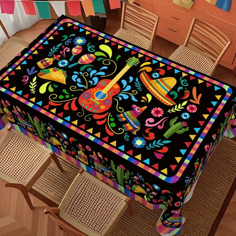 nappe mexicaine folklorique multicolore motif traditionnel cactus fleurs sombrero guitarrette table festive jours morts