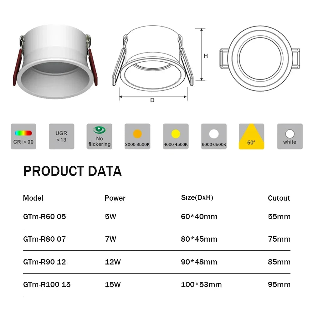 spots led 15w 12w 7w 5w antiéblouissement angle 60 degrés blanc moderne minimaliste