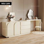 coiffeuse moderne minimaliste miroir rangement tiroirs blanc crème table maquillage tabouret tapis sculptures