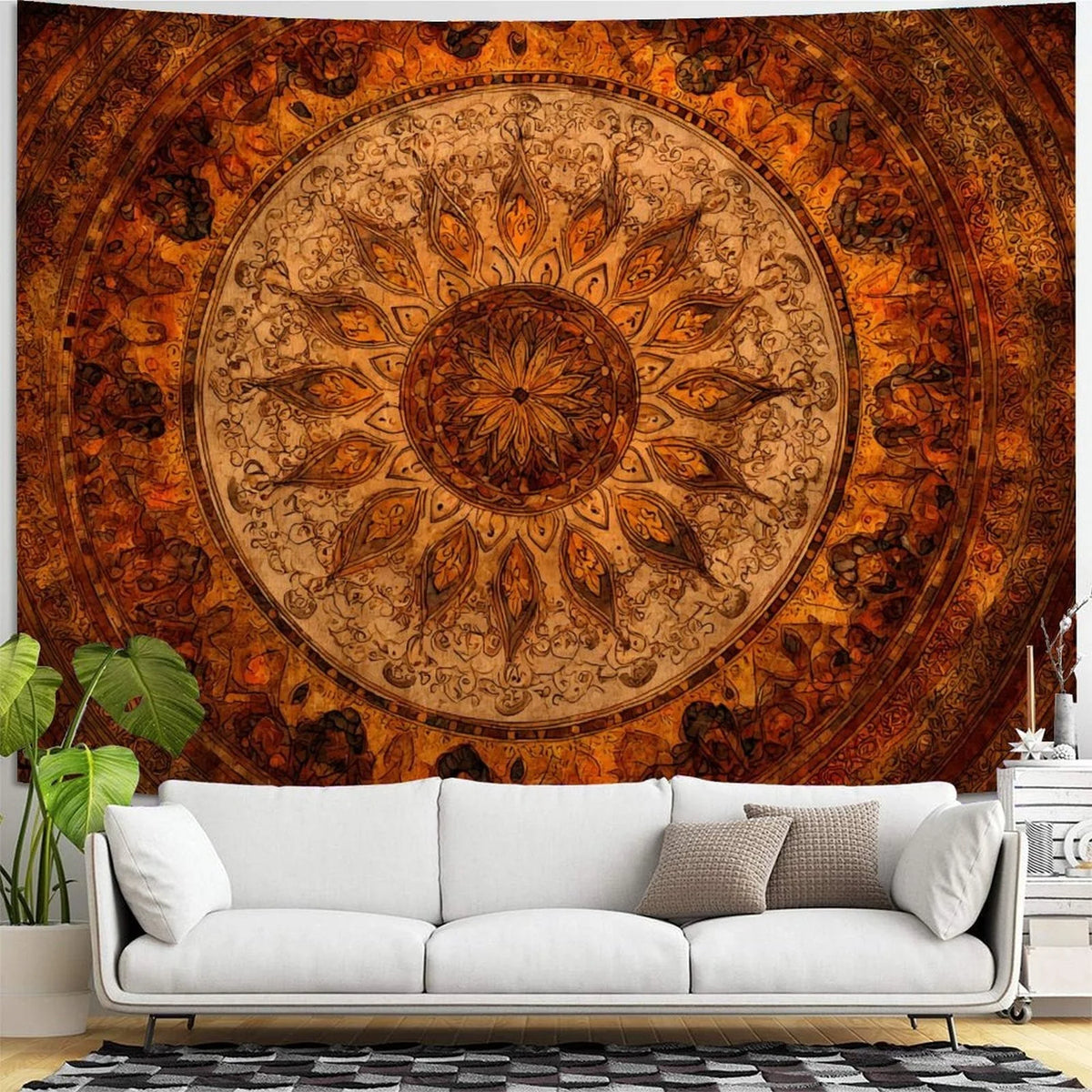 tapisserie bohème mandala orange marron chambre salon décoration murale ethnique scandinave