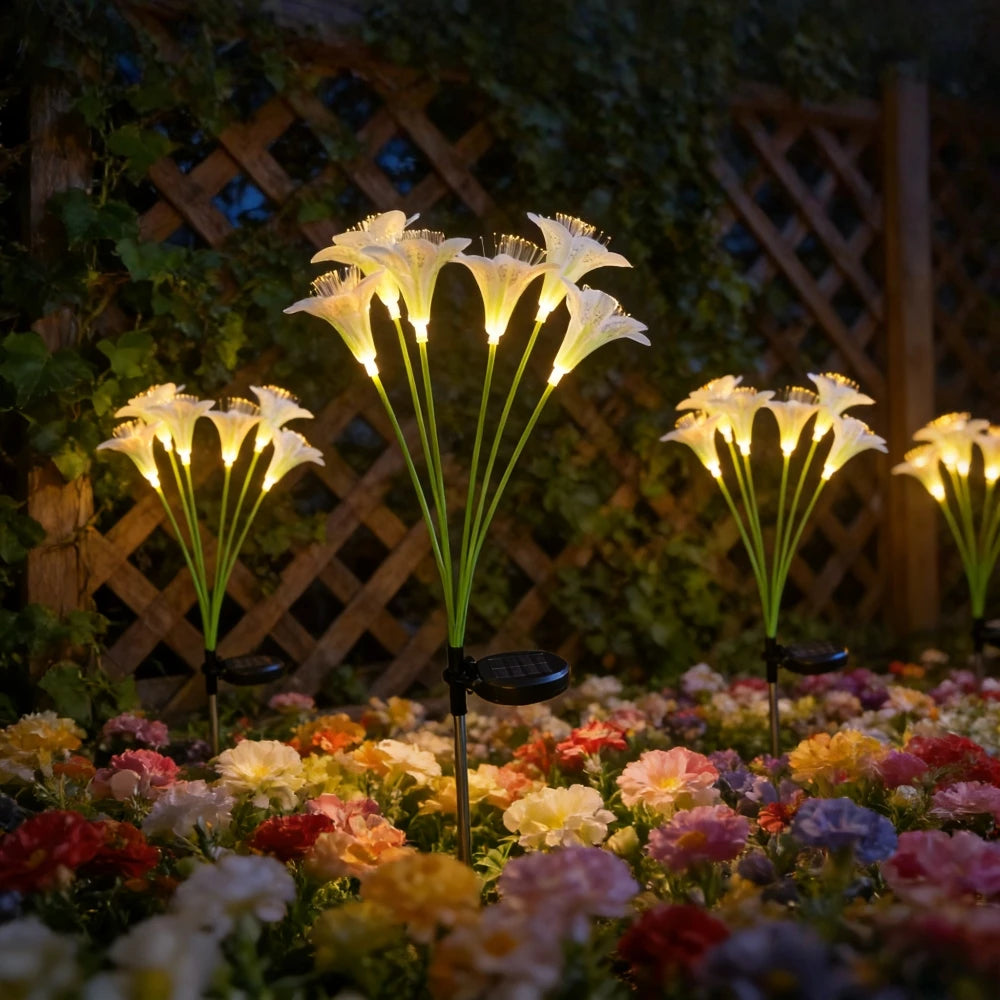 lampions solaires fleurs lys blanc jaune rose modernes extérieurs patio jardin piquet métallique led