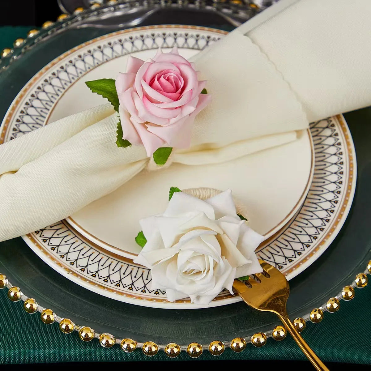porte serviettes décoratifs rose fleurs tissu jute tressée champêtre mariage automne festif pique nique