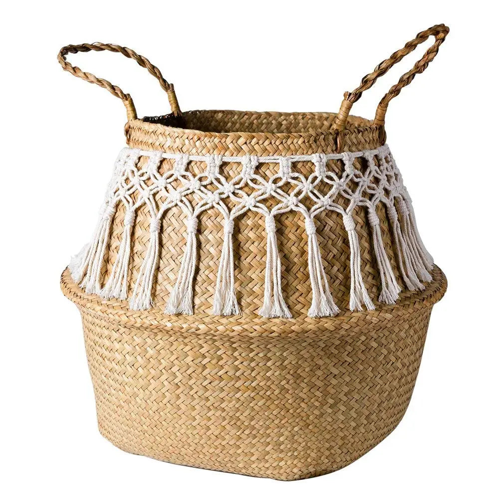 panier tressé macramé naturel blanc boho rangement stockage respectueux environnement franges poignées corde