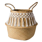panier tressé macramé naturel blanc boho rangement stockage respectueux environnement franges poignées corde