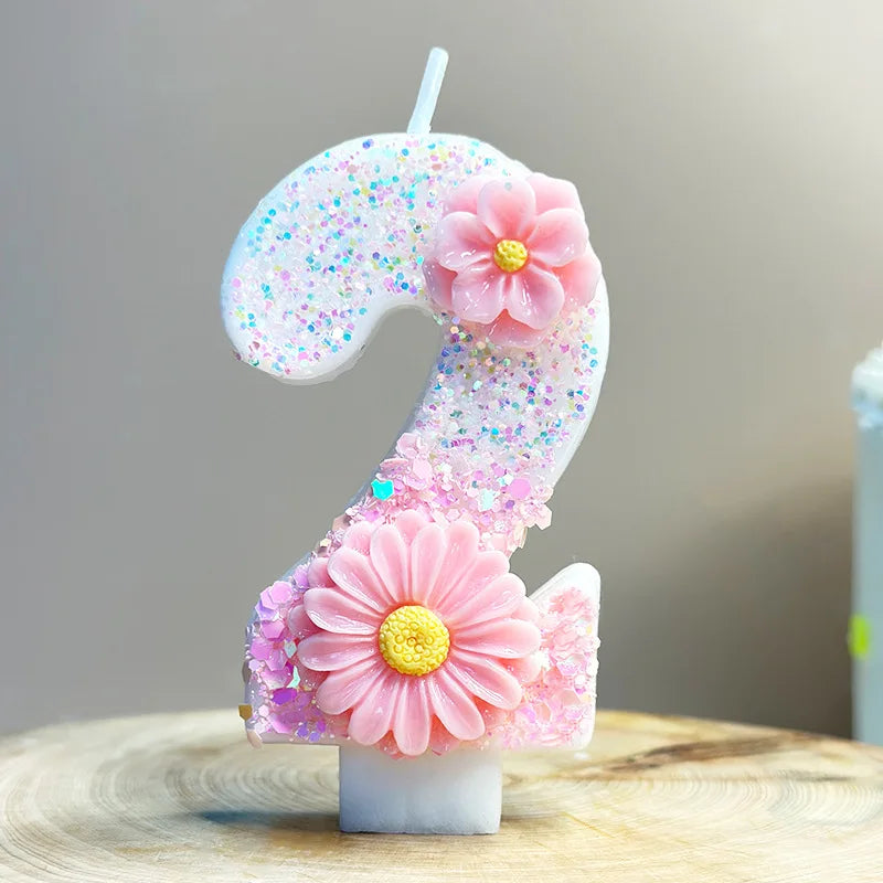 bougies numéraires forme chiffres paillettes fleurs roses centrer jaune decoration anniversaire maison festive