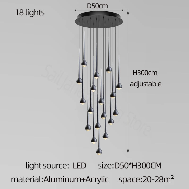 suspension lumineuse argentée gouttes pluie contemporaine fil 2000 82000 lumens chambre salon étude