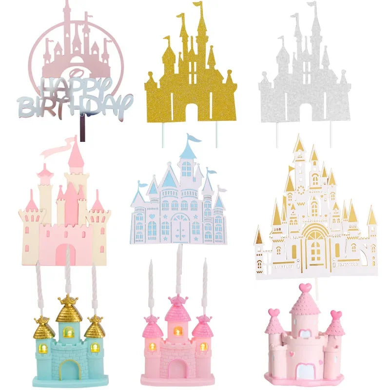 décoration gâteau château conte fées rose blanche bleue or anniversaire enfant fête
