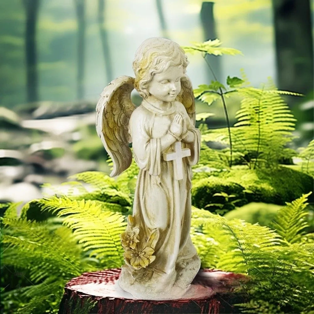 statue ange jardin solaire vieilli plumes croix lumineuse ornement extérieur classique beige doré