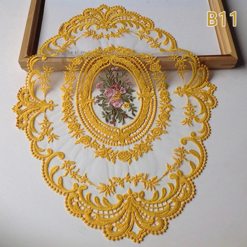 serviettes table brodées florales dentelle vintage blanc beige orange 30x43cm