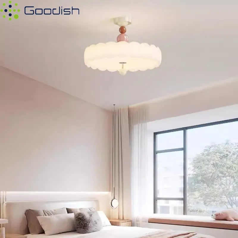 lampe suspendue moderne minimaliste fer acrylique blanc rose pâle texture nuage brillante télécommande led