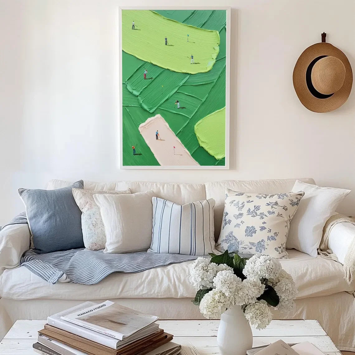 tableau abstrait moderne vert blanc impasto décoration salon peinture l'huile cadre boisintérieur